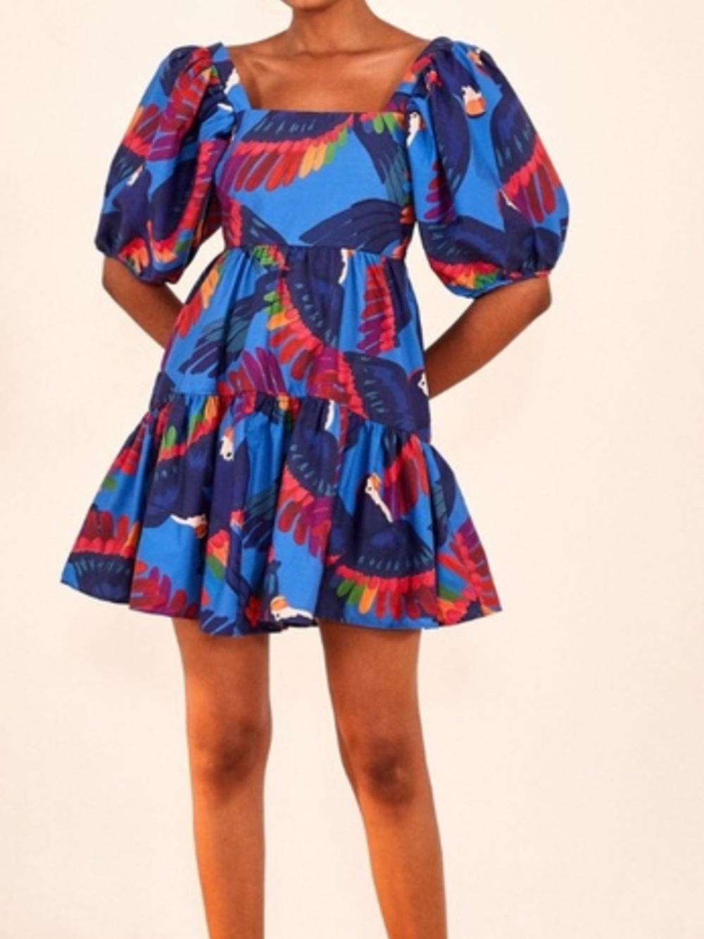 FARM Rio Blue Macaw-Print Puff Sleeve Mini Dress with Multicolor Feather Motif